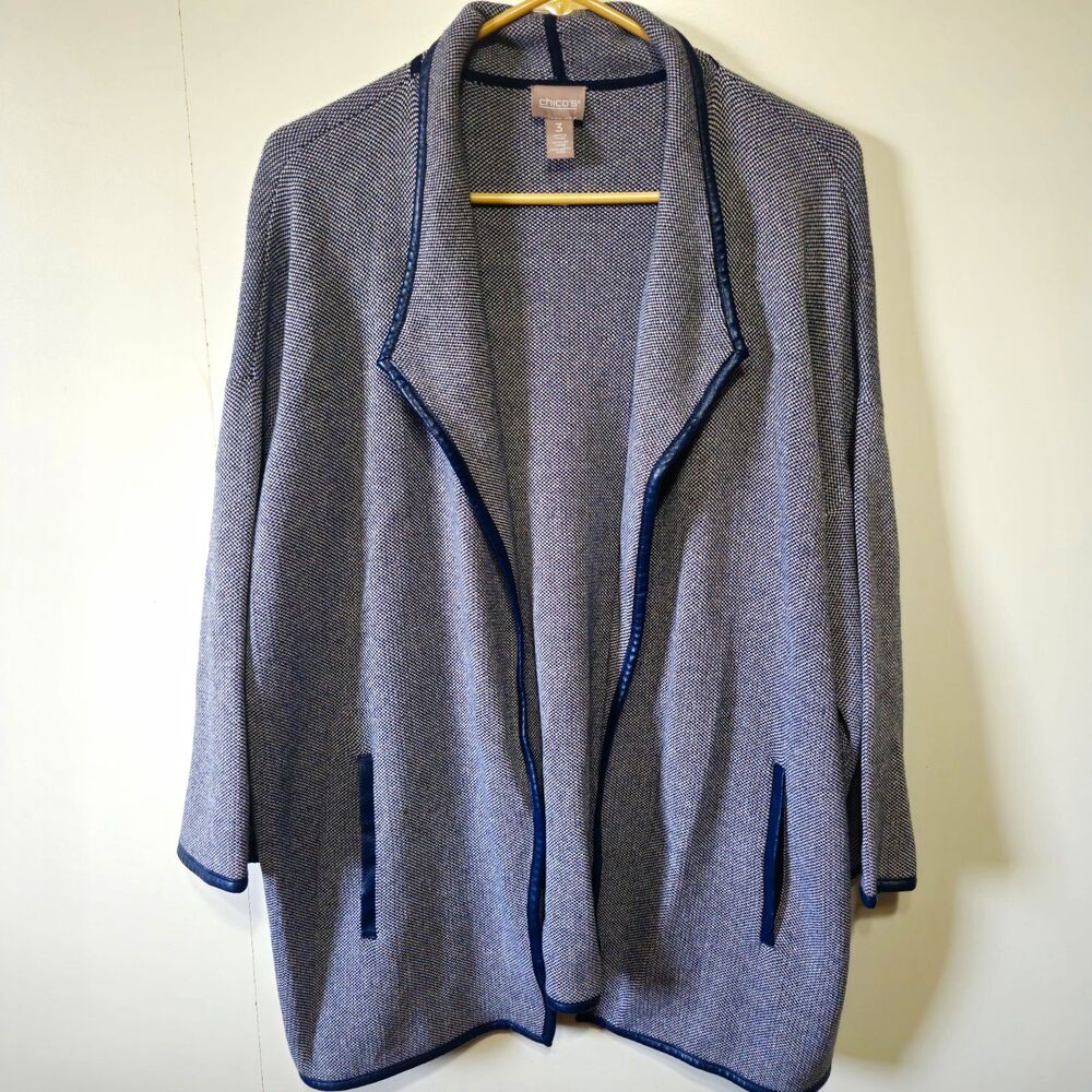 Chico's Open Front Marled Knit Cardigan Size 3 Sweater Blue White Trim XL 16/18